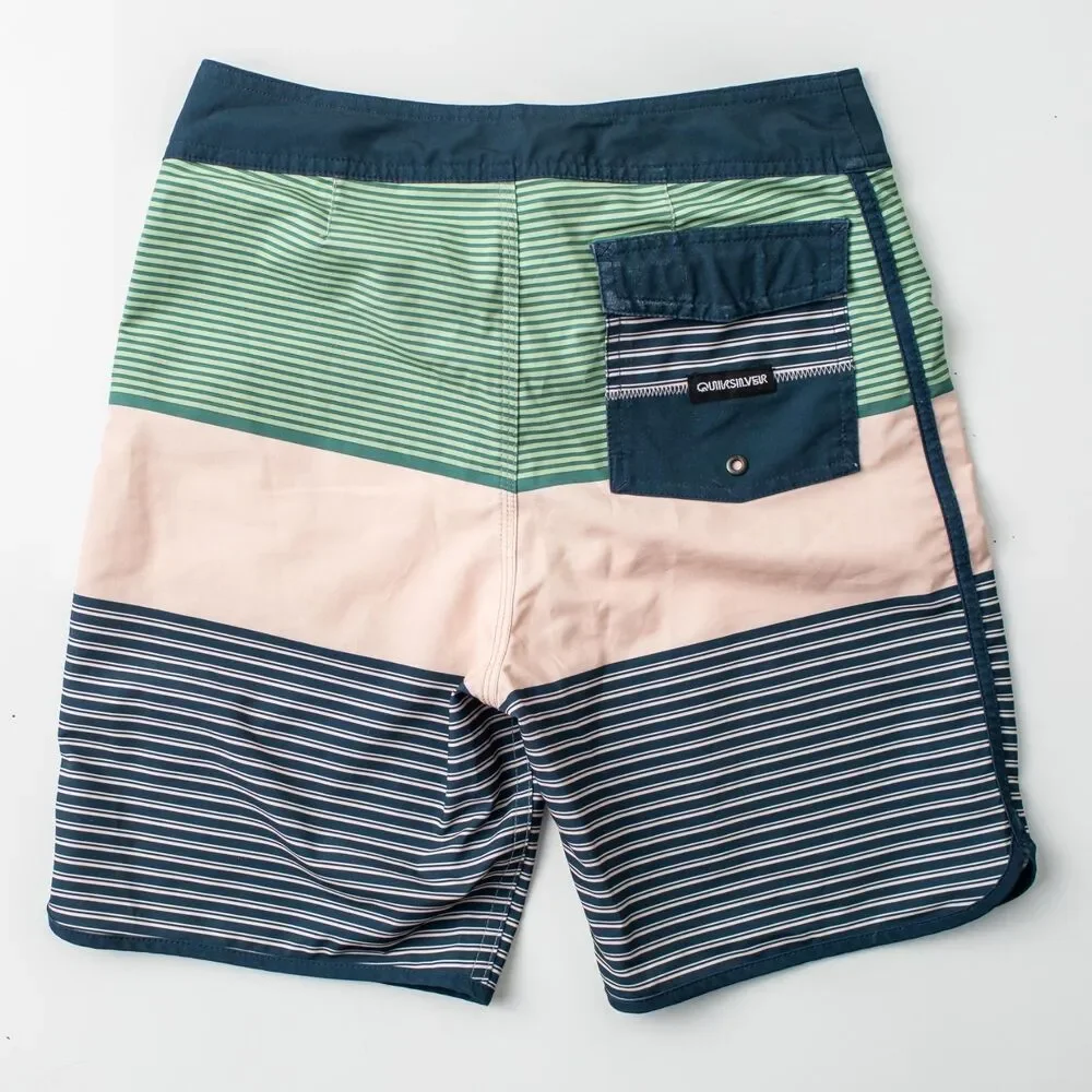 Quiksilver Highline Board Shorts Youth Boys 28/14 Green Blue Striped Surf Swim